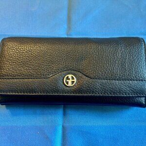 GIANI BERNINI WALLET Tri-Fold Pebble Leather Receipt Flap Black Silver Hardware